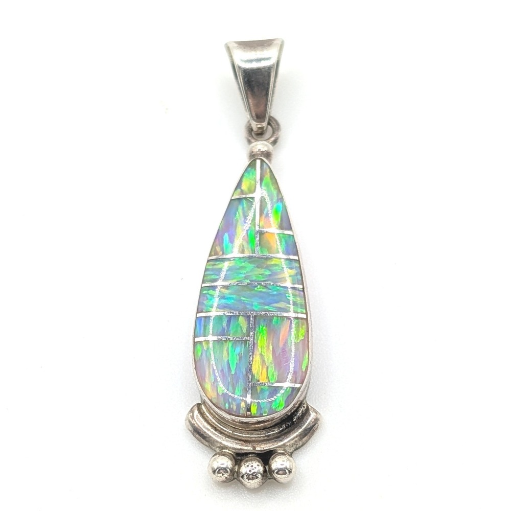 Denni Sterling Navaho 925 Silver Opal Inlay Teardrop Pendant Mosaic Native
